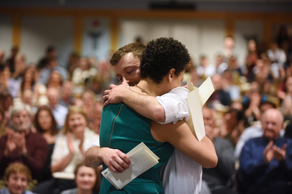 Jessica Fried hugs her husband, David, after they were both accepted to Pennsylvania residency programs during the Geisel School of Medicine Match Day ceremony at Dartmouth-Hitchcock Medical Center in Lebanon, N.H., on March 20, 2015.  (Valley News - Sarah Priestap) <p><i>Copyright © Valley News. May not be reprinted or used online without permission. Send requests to permission@vnews.com.</i></p> - Sarah Priestap | Valley News