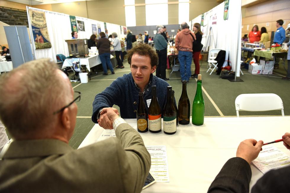 Jim Fowler, left, of Shaws shakes hands with David Dolginow, of Shacksbury Cider in Shoreham, Vt, at Food Matchmakers held at Vermont Technical College, in Randolph, Vt. on March, 26, 2015. (Valley News - Jennifer Hauck) Copyright © Valley News. May not be reprinted or used online without permission. Send requests to permission@vnews.com. - Jennifer Hauck | Valley News