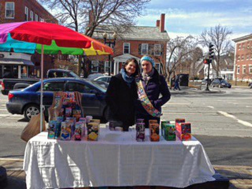 Senior Girl Scouts Saorla O'Toole and Maia Zawalinski sell Girl Scout cookies in Hanover.The scouts are raising money for a trip to Peru. Photograph courtesy of Eileen O’Toole -