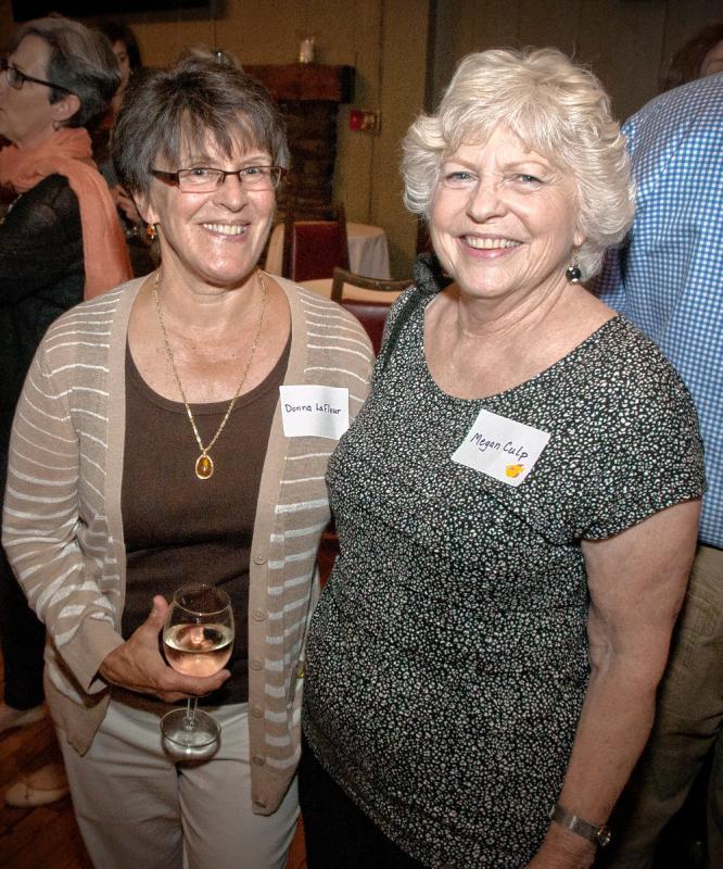 Donna LaFleur, left, and Megan Culp at the annual dinner of the Women’s Network of the Upper Valley, held at the Hotel Coolidge in White River Junction on May 19. Medora Hebert photograph -