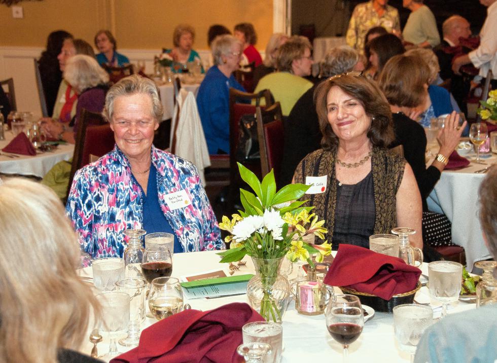 Betty Ann Heistad, left and Judi Colla enjoy the at the annual dinner of the Women’s Network of the Upper Valley, held at the Hotel Coolidge in White River Junction on May 19.  Medora Hebert photograph - 