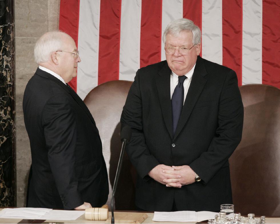 FILE - In this March 1, 2006 file photo, Vice President Dick Cheney, left, talks with Speaker of the House Dennis Hastert, R-Ill., right, as they wait for the arrival of Italian Prime Minister Silvio Berlusconi who will addresses Members of the 109th Joint Session of Congress of the United States on Capitol Hill  in Washington. A newly unveiled indictment against Hastert released Thursday, May 28, 2015,  accuses the Republican of agreeing to pay $3.5 million in hush money to keep a person from the town where he was a longtime schoolteacher silent about "prior misconduct."   (AP Photo/Pablo Martinez Monsivais, File) - Pablo Martinez Monsivais | AP