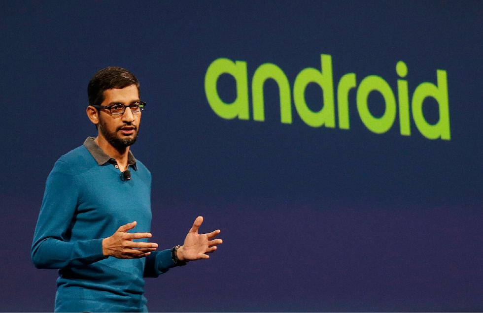 Sundar Pichai, senior vice president of Android, Chrome and Apps, speaks during the Google I/O 2015 keynote presentation in San Francisco, Thursday, May 28, 2015.  (AP Photo/Jeff Chiu) - Jeff Chiu | AP