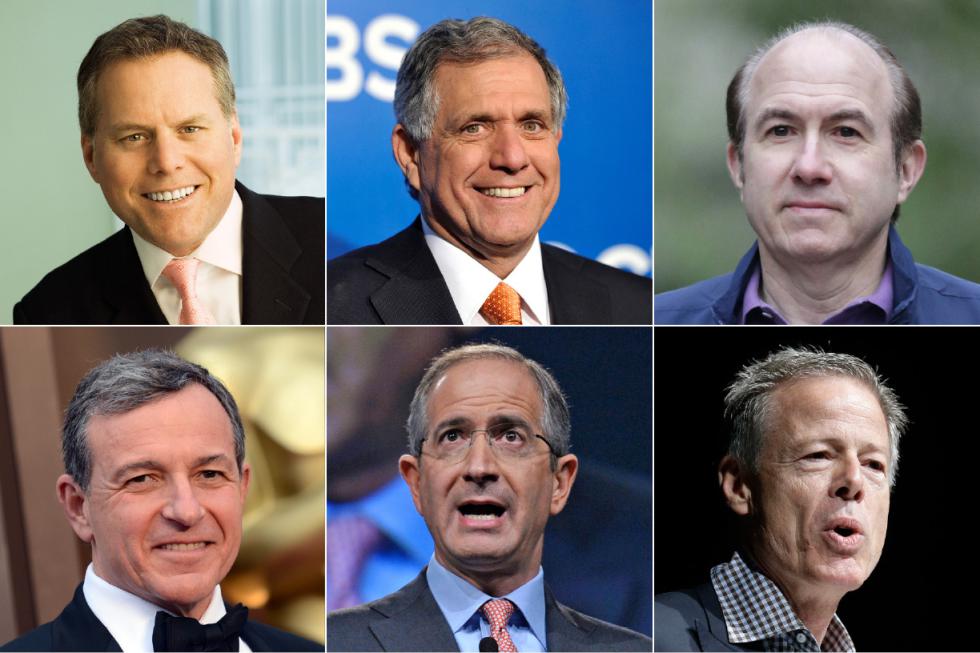 This photo shows six of the ten highest-paid CEOs in 2014, according to a study carried out by executive compensation data firm Equilar and The Associated Press. Top row, from left: David Zaslav, Discovery Communications; Les Moonves, CBS; and Philippe Dauman, Viacom. Bottom row, from left: Robert Iger, Walt Disney; Brian Roberts, Comcast; and Jeffrey Bewkes, Time Warner. (AP Photo) - Various | AP/Discovery communications