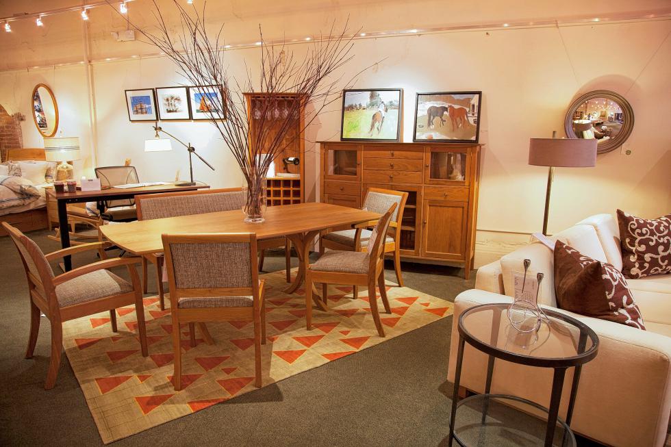 A rug by InnerAsia accompanies Pompanoosuc Mills furniture in the Pompanoosuc Mills showroom in Boston. Photographs courtesy of InnerAsia and Pompanoosuc Mills -