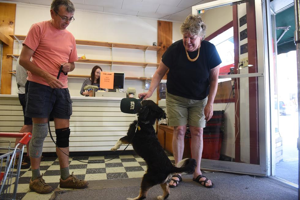 Mary Wendell, co-owner of Hill's 5 & 10 store, plays with Oggie, as his owner, Scott Elledge, of West Corinth, Vt., looks on in Bradford, Vt., on August 14, 2015.  (Valley News - Sarah Priestap) Copyright © Valley News. May not be reprinted or used online without permission. Send requests to permission@vnews.com. - Sarah Priestap | Valley News