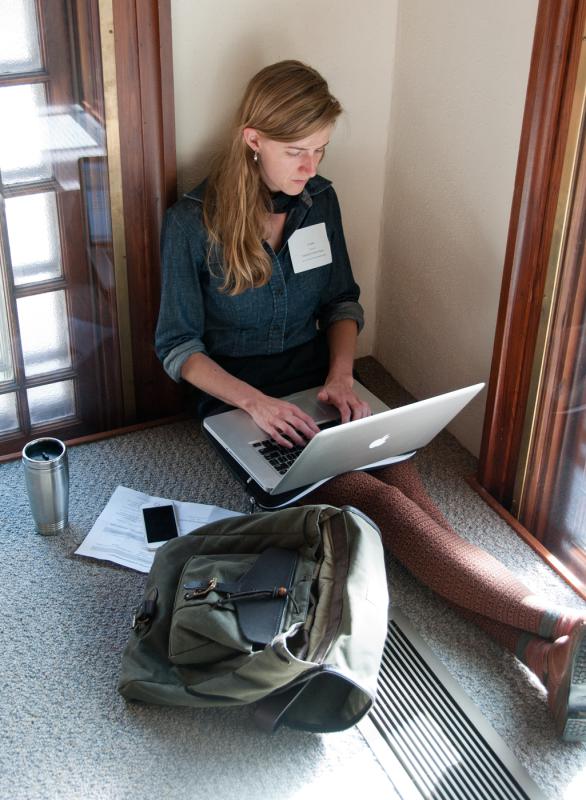 Angela Evance of Vermont Public Radio took a break from the activities.  She was a presenter at the conference.  10-16-2015  Medora Hebert -