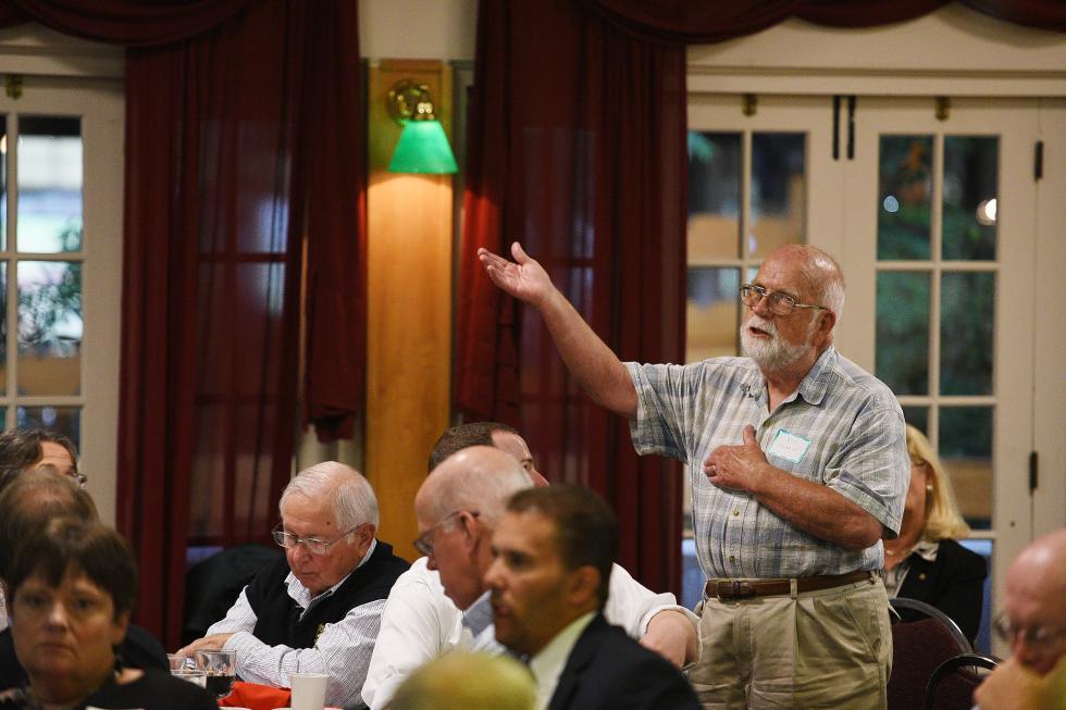 Ron Michaud, of Lebanon, compliments New Hampshire Gov. Maggie Hassan on her speech during a Lebanon Chamber of Commerce Luncheon at the Fireside Inn & Suites in West Lebanon, N.H., on September 30, 2015. (Valley News - Sarah Priestap) <p><i>Copyright © Valley News. May not be reprinted or used online without permission. Send requests to permission@vnews.com.</i></p> - Sarah Priestap | Valley News