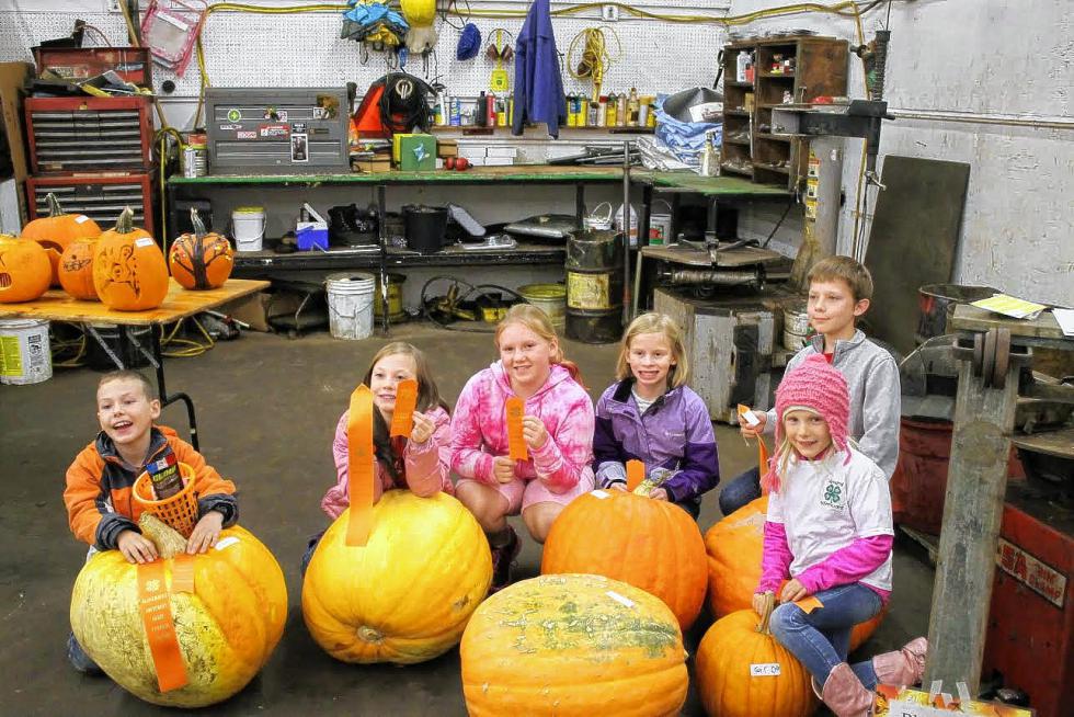 From left,  Aiden Hamlett, Ava Hamlett, Mara Chamberlin, Erin Gwilt, Derrick Nadeau and Grace Morin sit with their pumpkins at Grafton County 4-H's Family Fall Festival last month at Blackmount Equipment in Haverhill. The children, participants in the 4-H gardening program, had taken part in the giant pumpkin contest. Grown by Aiden Hamlett, the winning entry was just over 91 pounds.  Mark Lang photograph - 