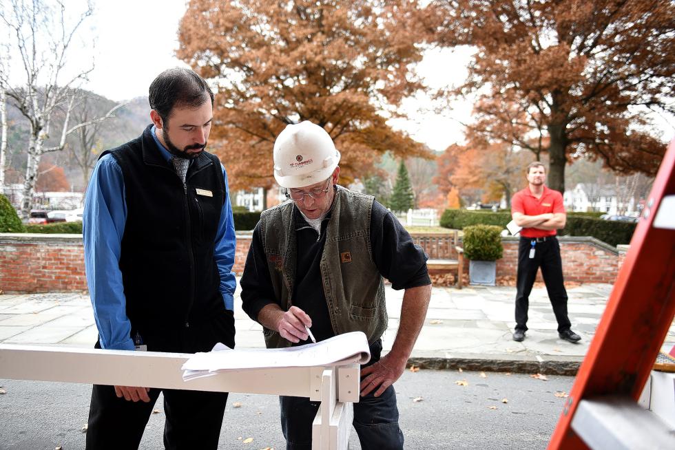 Woodstock Inn & Resort Front Office Manager Taolan Meyers looks over the new lighting design for the porte cochiere at the inn with Field Superintendant Kevin Keith of H.P. Cummings on Nov. 6, 2015 in Woodstock, Vt. Renovations have begun on the inn. (Valley News - Jennifer Hauck) Copyright © Valley News. May not be reprinted or used online without permission. Send requests to permission@vnews.com. - Jennifer Hauck | Valley News