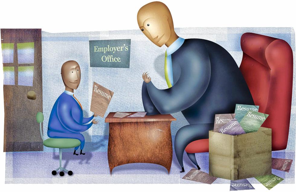 300 dpi 4 col x 5 in / 196x127 mm / 667x432 pixels Robert West color illustration of young job applicant, whose feet don't reach the floor from his chair, handing a resume to a large employer who has a trash can full of resumes. The Dallas Morning News 2001  With NEWGRADS, The Dallas Morning News by Sudeep Reddy - Robert West | Dallas Morning News
