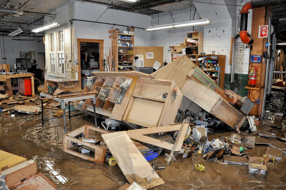 The damage to the inside of WallGoldfinger's former corporate headquarters is seen in August 2011 in Northfield, Vt. Tropical Storm Irene caused the Dog River to overflow its banks and sweep through the WallGoldfinger factory, causing hundreds of thousands of dollars in damage. (Courtesy photograph) -