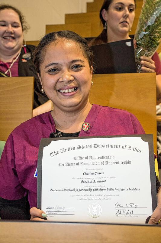 Charina Canete, of Lebanon, N.H., with her Department of Labor certificate, after the Nov. 5, 2015, ceremony. Nancy Nutile-McMenemy photograph - 