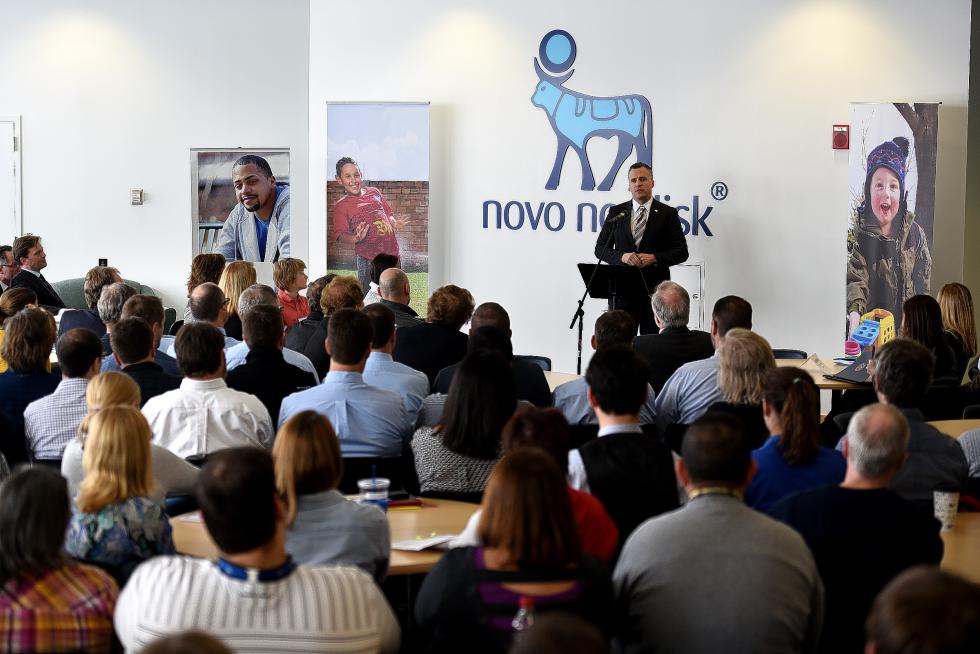 U.S. ambassador to Denmark, Rufus Gifford address employees and guests at Novo Nordisk in West Lebanon, N.H., on Feb. 10, 2016.Valley News - Jennifer Hauck) <p><i>Copyright © Valley News. May not be reprinted or used online without permission. Send requests to permission@vnews.com.</i></p> - Jennifer Hauck | Valley News