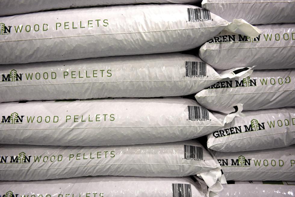 Bags of wood pellets from Vermont Renewable Fuels, Inc. at the 38th annual HomeLife Expo in Hanover,  N.H., on March 18, 2016.  (Valley News - Jennifer Hauck) Copyright Â© Valley News. May not be reprinted or used online without permission. Send requests to permission@vnews.com. - Jennifer Hauck | Valley News