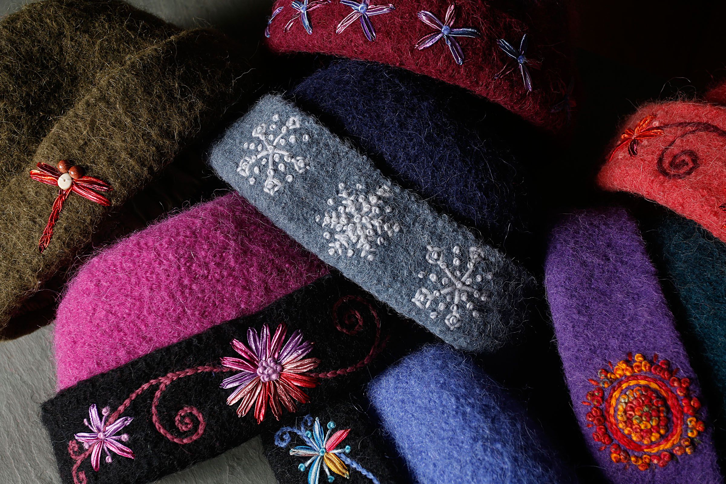 A collection of heirloom handknit hats at Carrie Cahill Mulligan's home studio in Canaan, N.H., on November 18, 2016. With the help of home knitters, Cahill Mulligan is now producing about 150 hats a year. (Valley News - Geoff Hansen) Copyright Valley News. May not be reprinted or used online without permission. Send requests to permission@vnews.com.