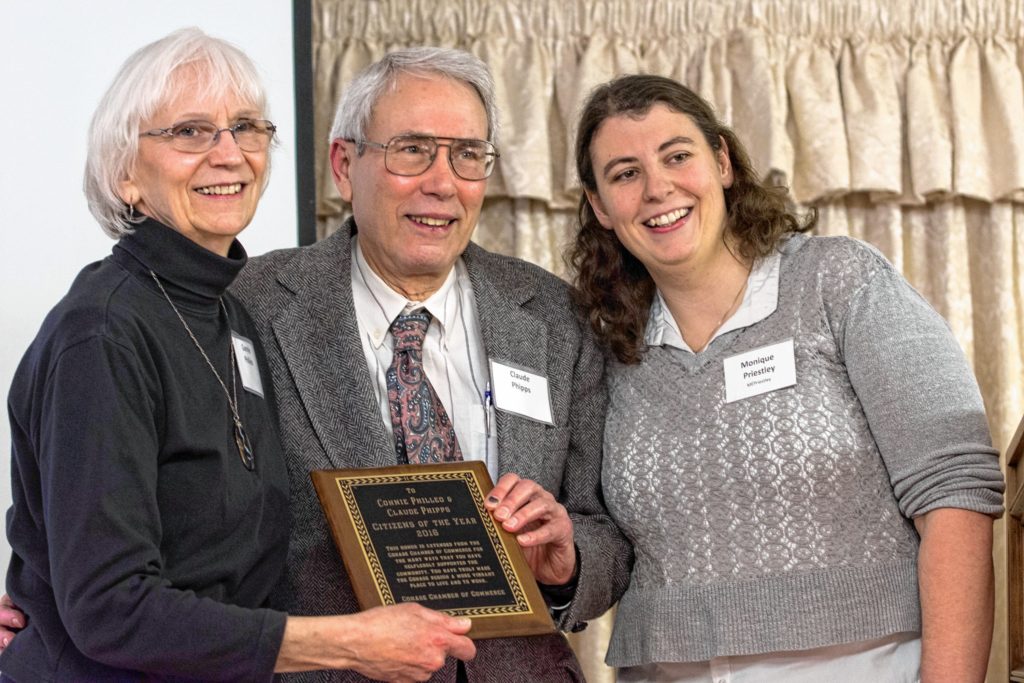 Connie Philleo, left, and Claude Phipps, center, were honored as the Cohase Chamber of Commerce Citizens of the Year at the chamber's annual meeting, held Jan. 23 at the Lake Morey Resort in Fairlee. With them is Monique Priestley.  (Nancy Nutile-McMenemy photograph, www.photosbynanci.com)