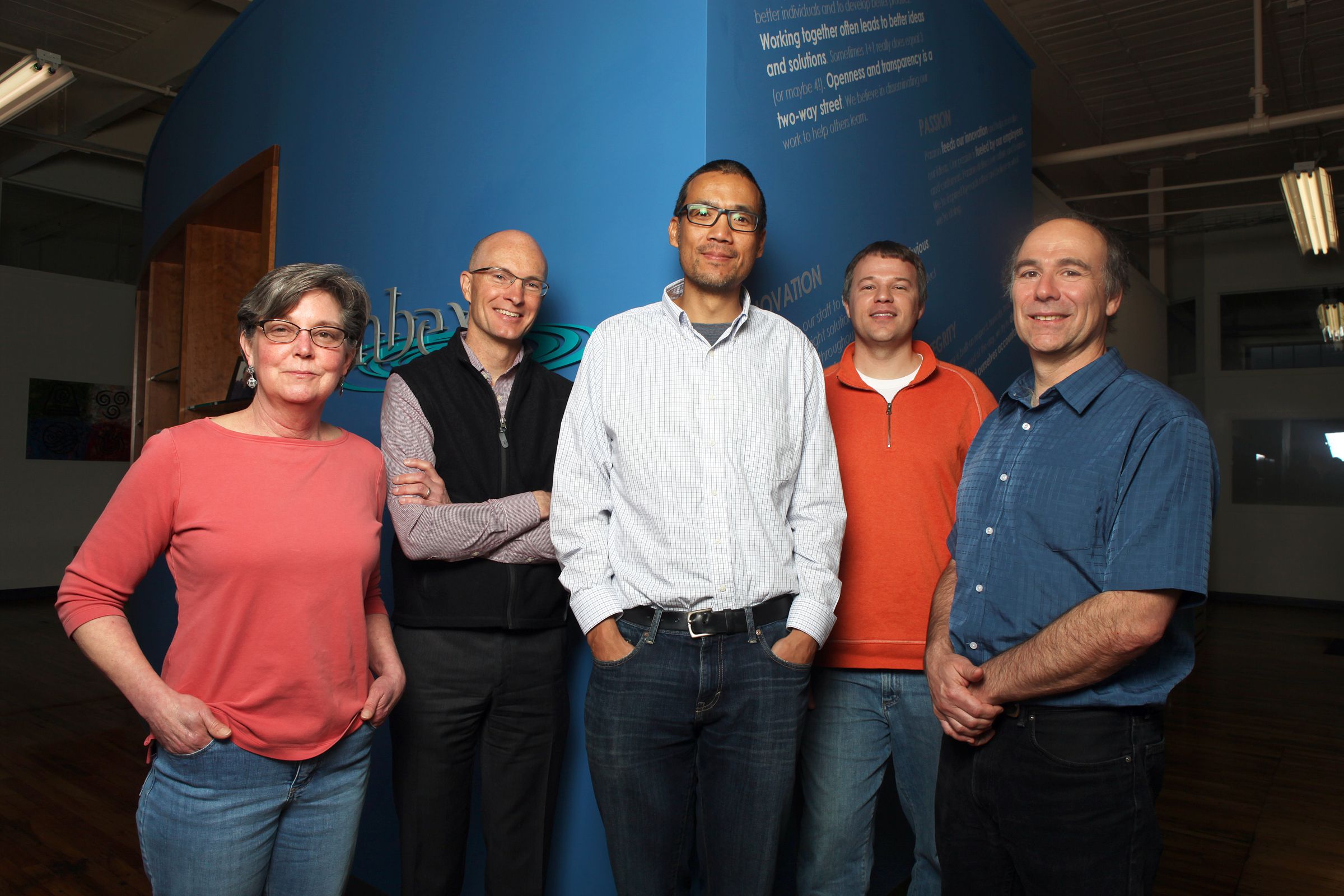 The Simbex leadership team -- business manager Theresa Hays, left, chief business development officer Greg Lange, chief technology officer Jeffrey Chu, vice president of research and development Jonathan Beckwith, and CEO and co-founder Richard Greenwald -- on Thursday, May 11, 2017, in Lebanon, N.H. (Valley News - Jovelle Tamayo) Copyright Valley News. May not be reprinted or used online without permission. Send requests to permission@vnews.com.