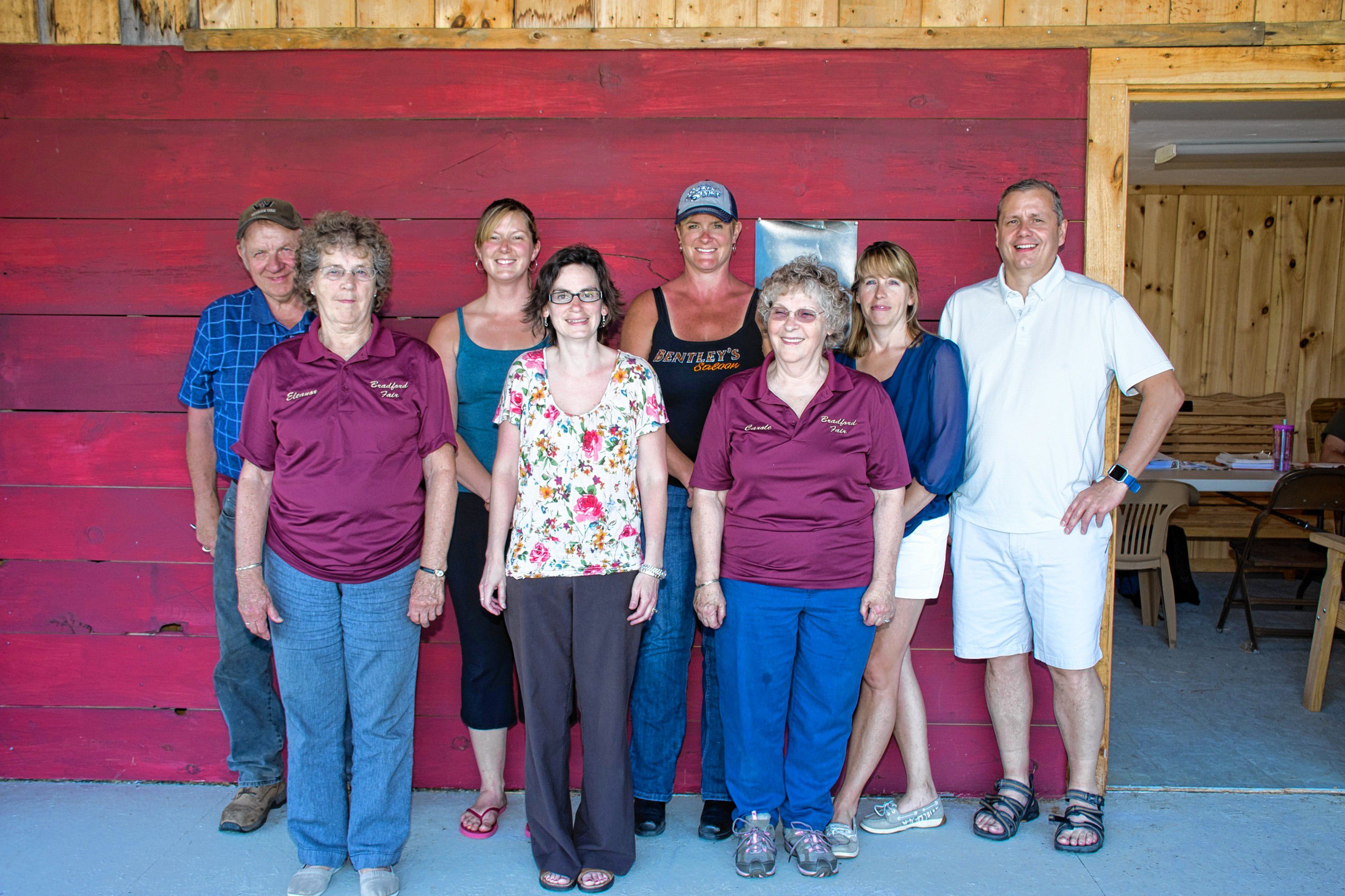 The Bradford Fair committee is bringing back the Bradford Fair from July 13-16, 2017. Many events are planned, including a concert by Matt Mason. Front row, left to right: Eleanor Taylor, of Bradford, Vt.; Jennifer Hutchins, of Haverhill, N.H.; and Carole Taylor, of Bradford, Vt. (sister-in-law to Eleanor Taylor). Back row, left to right: Ron Taylor, of Orford, N.H.; Stephanie Newell, of Haverhill, N.H.; Grace Zambon, of East Corinth, Vt.; Tammy Taylor-Coffin and her husband, Ray Coffin, of Fairlee, Vt. Missing from the photos are Jim Stout, of Orford, N.H.; and Mike Cuthbertson, of Haverhill, N.H. Nancy Nutile-McMenemy photograph.