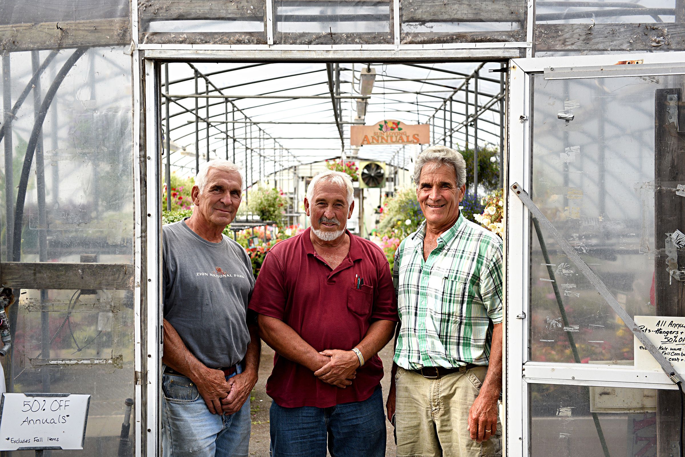 Jim, left, Norm, and Joe Longacre at Longacres' Nursery Center in Lebanon, N.H., on Sept. 7, 2017.(Valley News - Jennifer Hauck) Copyright Valley News. May not be reprinted or used online without permission. Send requests to permission@vnews.com.