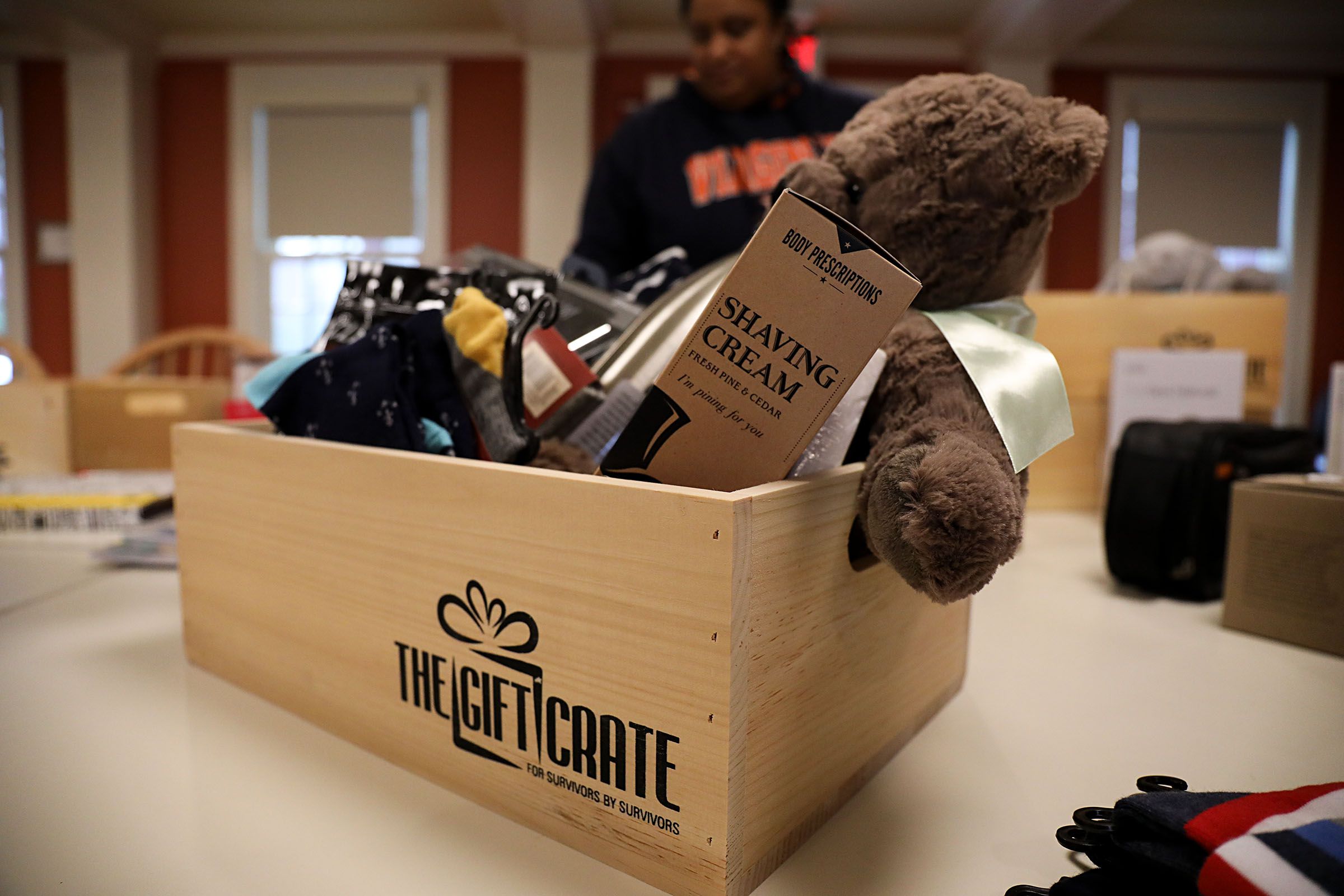 An unfinished Gift Crate, a care package business started by Dia Draper for cancer survivors, sits on a table on Monday, Oct. 23, 2017, in the common area of the Triangle House on the Dartmouth College campus in Hanover, N.H. A colon cancer survivior, Draper said she had the idea to start the business after she recieved gifts and thoughts of encouragement while in treatment. (Valley News - Charles Hatcher) Copyright Valley News. May not be reprinted or used online without permission. Send requests to permission@vnews.com