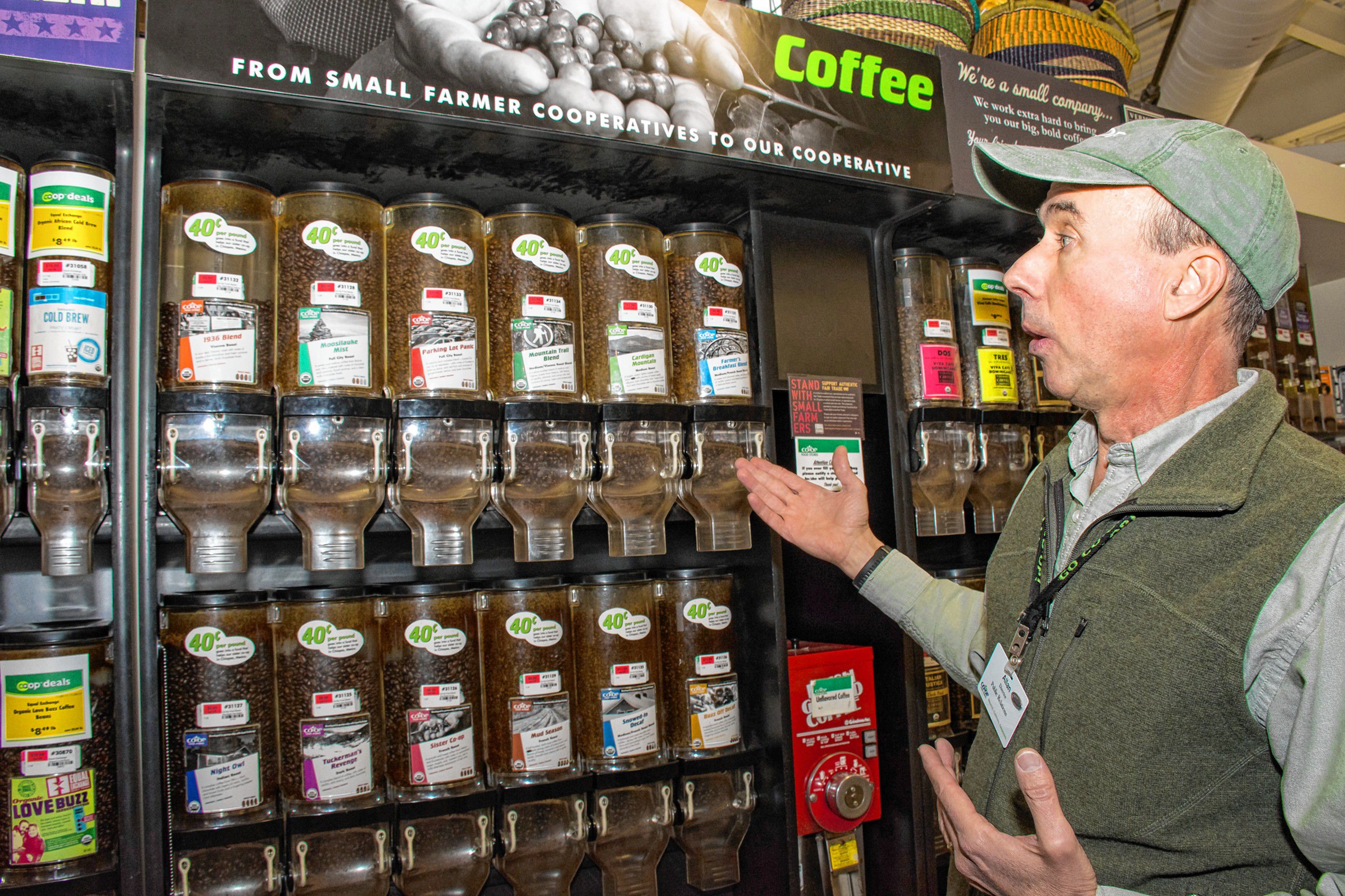 Alan Reetz, the Co-Op's director of public relations, praises the equal exchange program. "The consumer get's great coffee, at a price lower than our other organic beans and money is returned to the coffee growers. It's a win, win situation." Nancy Nutile-McMenemy photograph.
