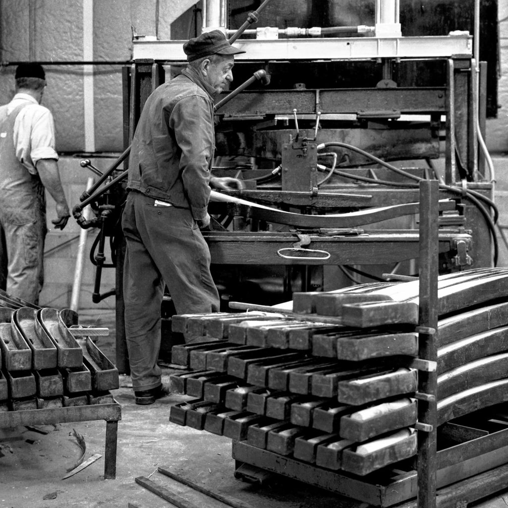 Workers at the new Northeast Wood Products Corp. plant in Plainfield, N.H., are getting the hang of the machinery and steps involved to produce premium snaths on March 14, 1968. A snath, for those who don't know, can be called a scythe handle. Workers are being trained at the plant to handle the various production steps. (Valley News - Larry McDonald) Copyright Valley News. May not be reprinted or used online without permission. Send requests to permission@vnews.com.