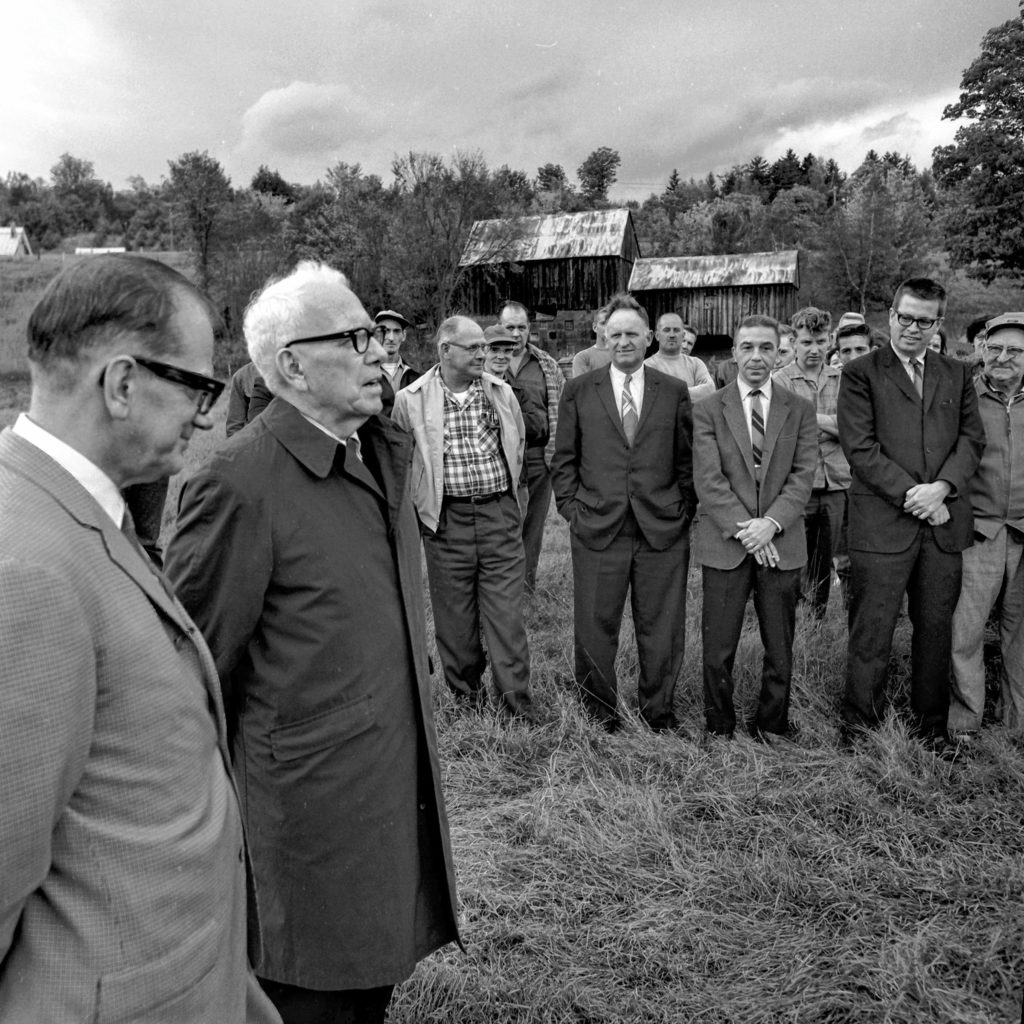Groundbreaking ceremonies for the new Vermont Pacific Corp. plant were held in Bethel, Vt., on Sept. 30, 1968, with Sen. George D. Aiken, R-Vt., as the guest of honor. President Sigfried K. Lonegren, at left, stated to the group of dignitaries and plant employees the important role Aiken played in making the new facility possible. Vermont Pacific Corp. specializes in hardwood veneers and plywood. (Valley News - Larry McDonald) Copyright Valley News. May not be reprinted or used online without permission. Send requests to permission@vnews.com.