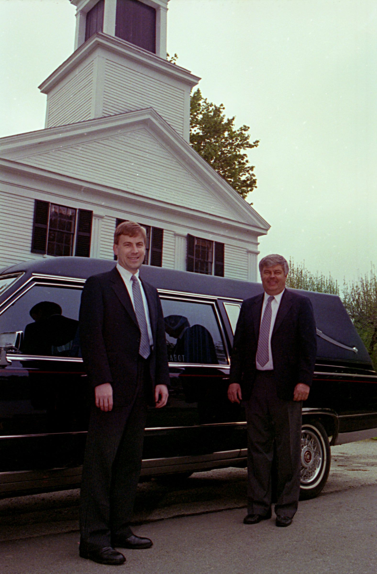 Greg and Dwight Camp of Cabot Funeral Home before a service begins in Plymouth Notch, Vt., on May 20, 1993. The business was started by the late Willard Cabot, Greg's great-grandfather, in 1917. The Camps conduct about 80 funerals a year. (Valley News - Medora Hebert) Copyright Valley News. May not be reprinted or used online without permission. Send requests to permission@vnews.com.