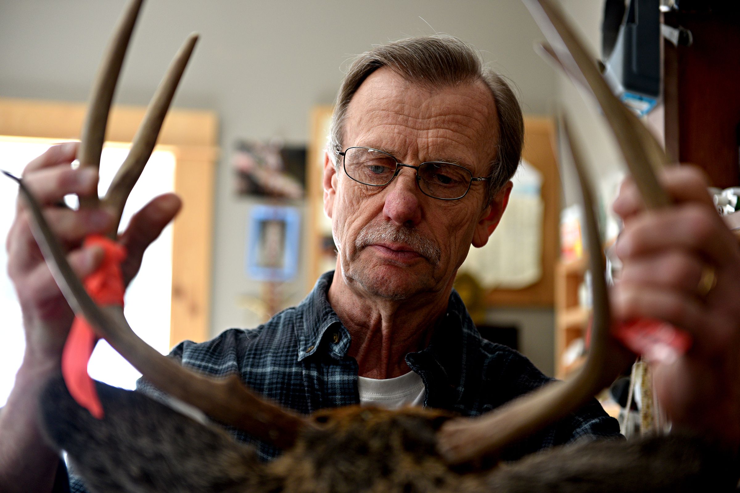 John Matyka owner of Jacobs Brook Taxidermy looks over the antlers of a buck he was working on at his shop in Orford, N.H., on Wednesday, April 3, 2019. (Valley News - Jennifer Hauck) Copyright Valley News. May not be reprinted or used online without permission. Send requests to permission@vnews.com.