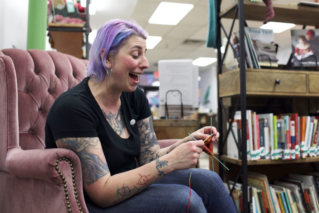 Scratch makerspace co-owner Jessica Giordani, of Lebanon, jokes with Craft Night attendees on Thursday, May 4, 2017, in Lebanon, N.H. (Valley News - Jovelle Tamayo) Copyright Valley News. May not be reprinted or used online without permission. Send requests to permission@vnews.com.