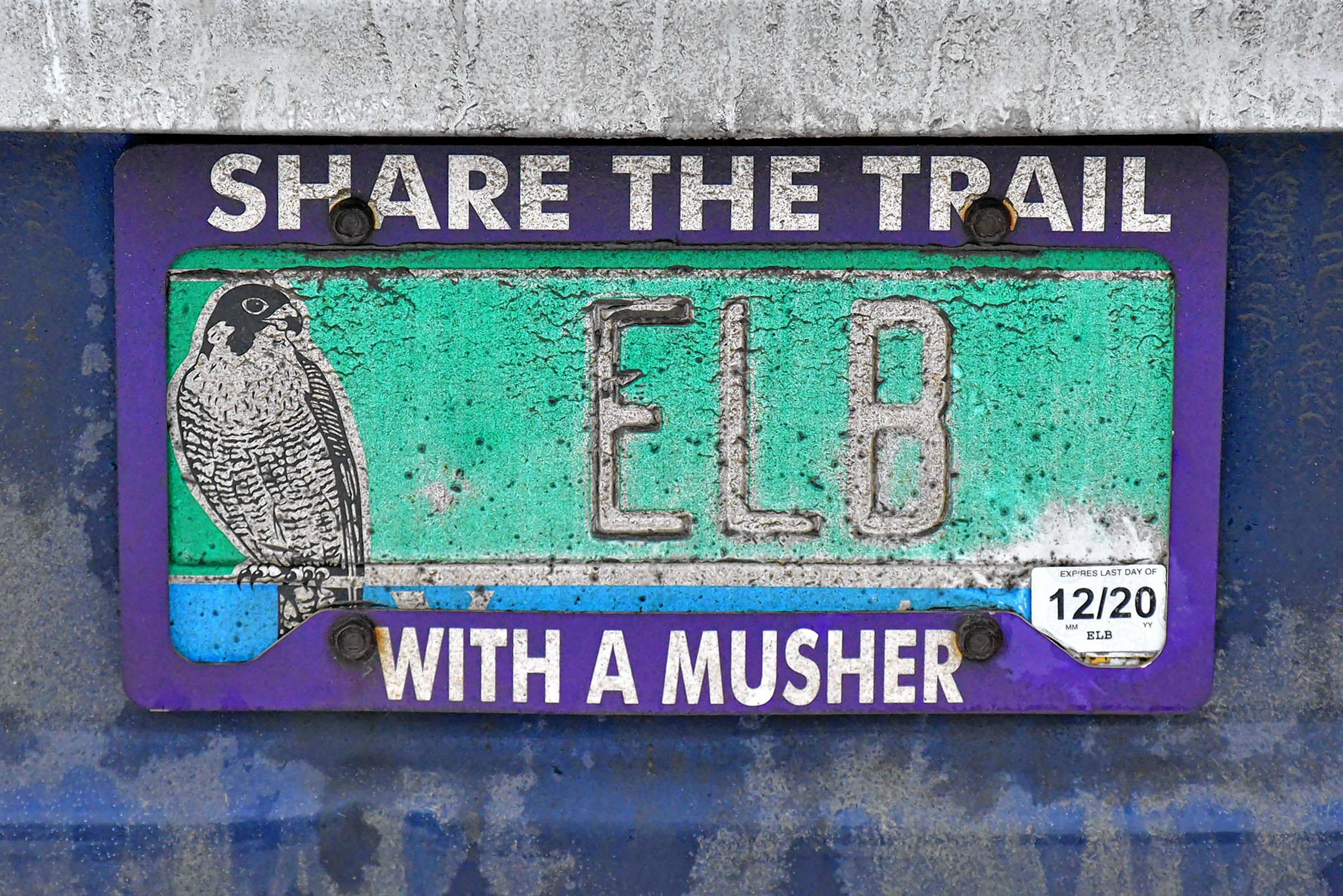 The license plate on the Braeburn Siberians company vehicle, parked in Claremont, N.H., on Sunday, Dec. 22, 2019. (Rick Russell photograph)