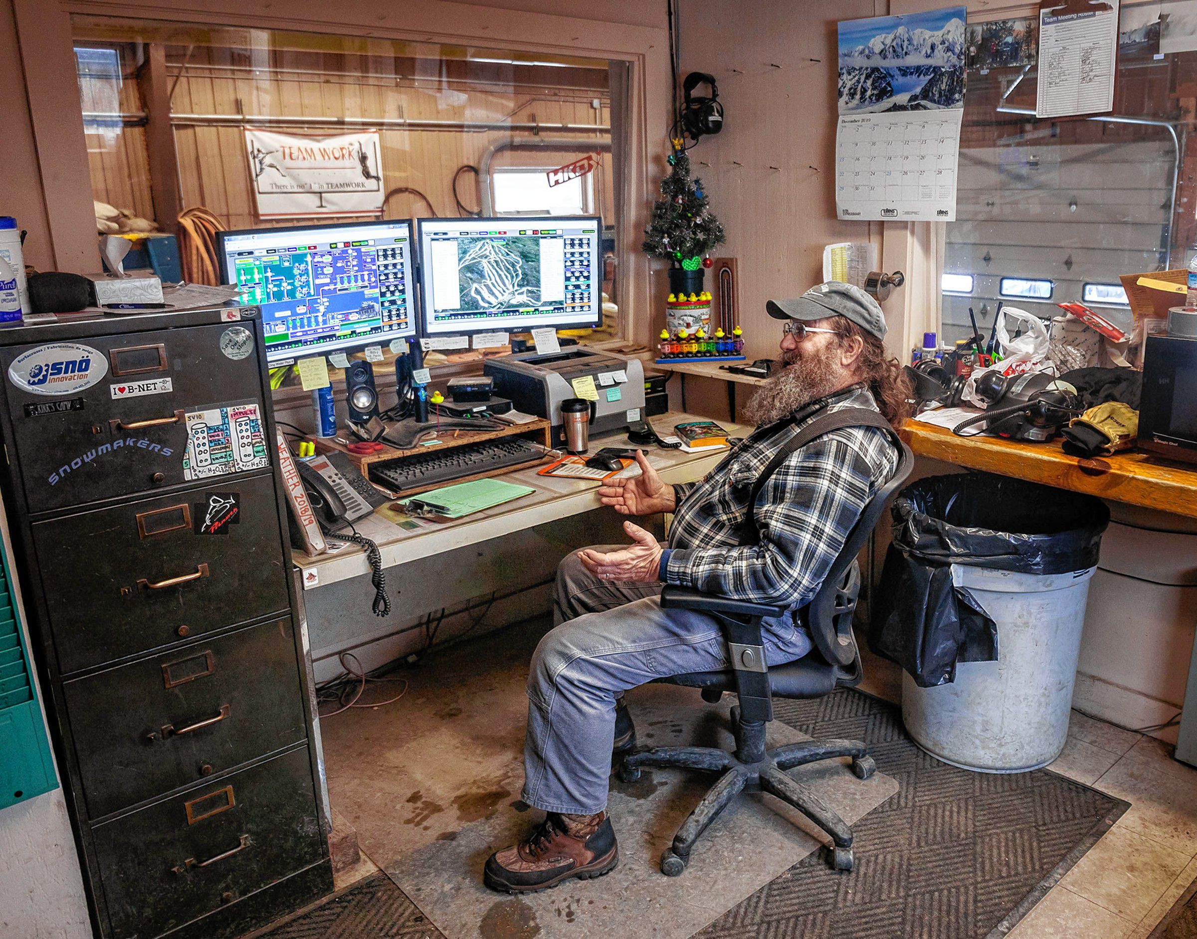 Night Operations Supervisor Fred Gallup in the snowmaking control room at Mount Sunapee resort in Newbury, NH on Sunday, January 5, 2020. Gallup has worked at the ski area for 41 years.