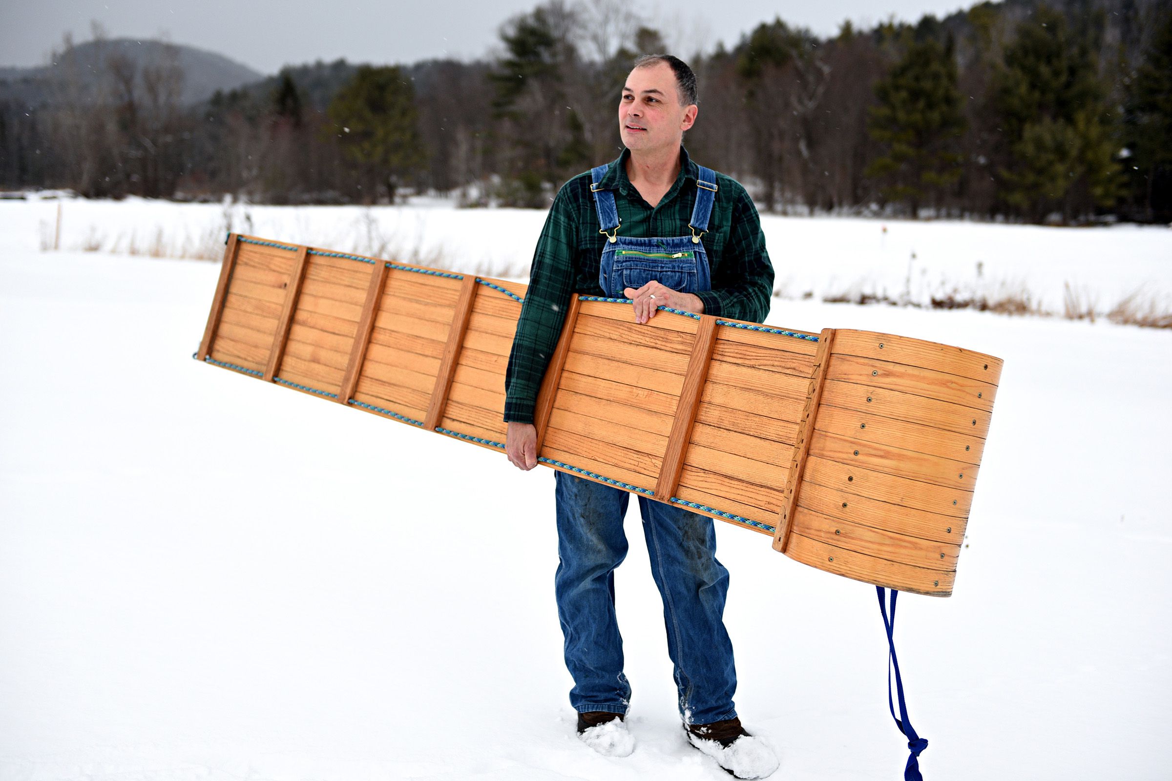 Glen Norton of Norton's Vermont Toboggans stands behind his home in West Fairlee, Vt., on Wednesday, Jan. 8, 2019. Norton started making toboggans with his father in 2011. (Valley News - Jennifer Hauck) Copyright Valley News. May not be reprinted or used online without permission. Send requests to permission@vnews.com.