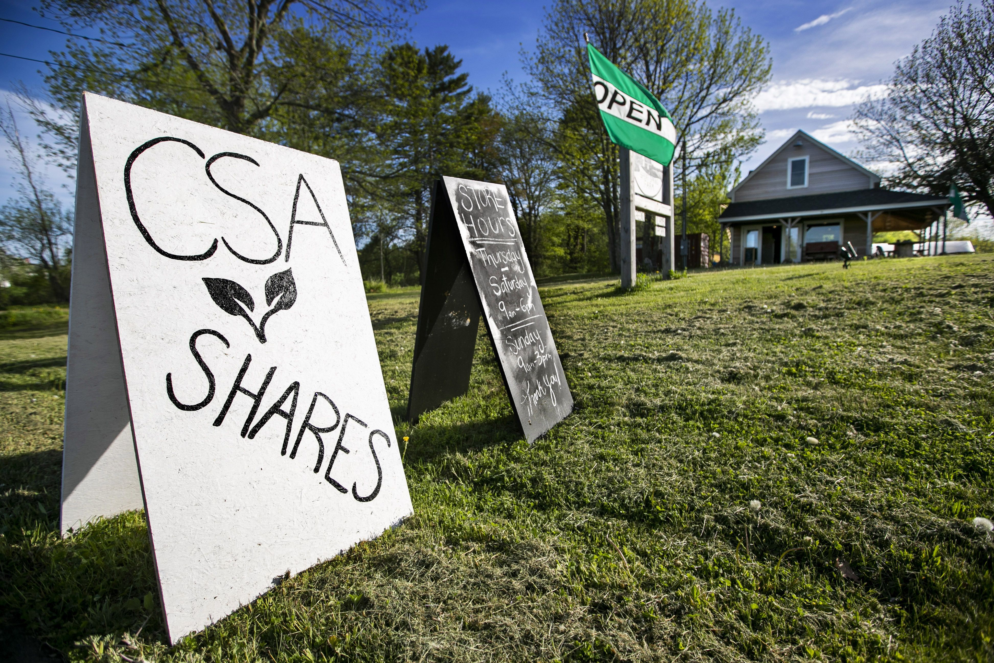 In this Thursday, May 28, 2020 photo, a sign advertises community supported agriculture shares at Spear Spring Farm in Warren, Maine. Spear Spring is one of many farms that have seen an uptick in the number of CSA shares sold to customers, most likely as a result to the coronavirus pandemic. (AP Photo/Robert F. Bukaty)