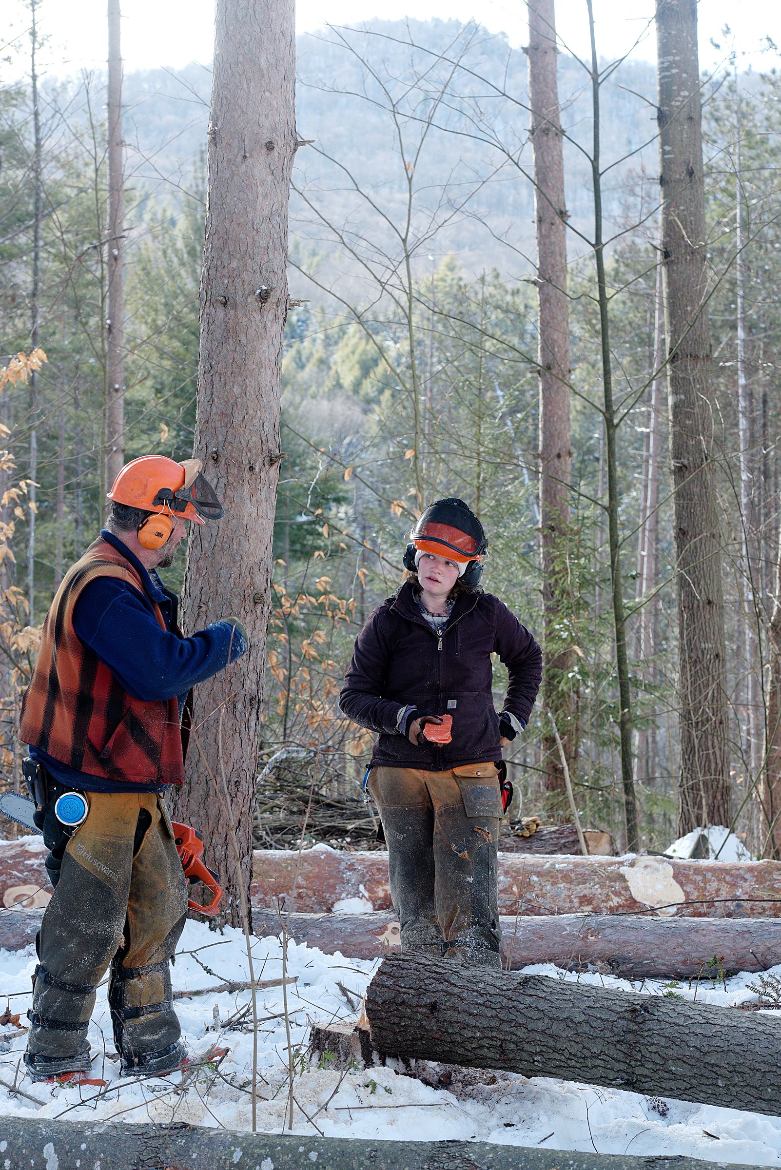 Tuilelaith Nepveu-McCrory, right, listens to advice from her dad, Carl Russell while clearing pasture in Bethel Gilead, Vt., Thursday, Jan. 13, 2021. Nepveu-McCrory felled and limbed trees as Russell kept the area clear and logs organized with his oxen. (Valley News - James M. Patterson) Copyright Valley News. May not be reprinted or used online without permission. Send requests to permission@vnews.com.