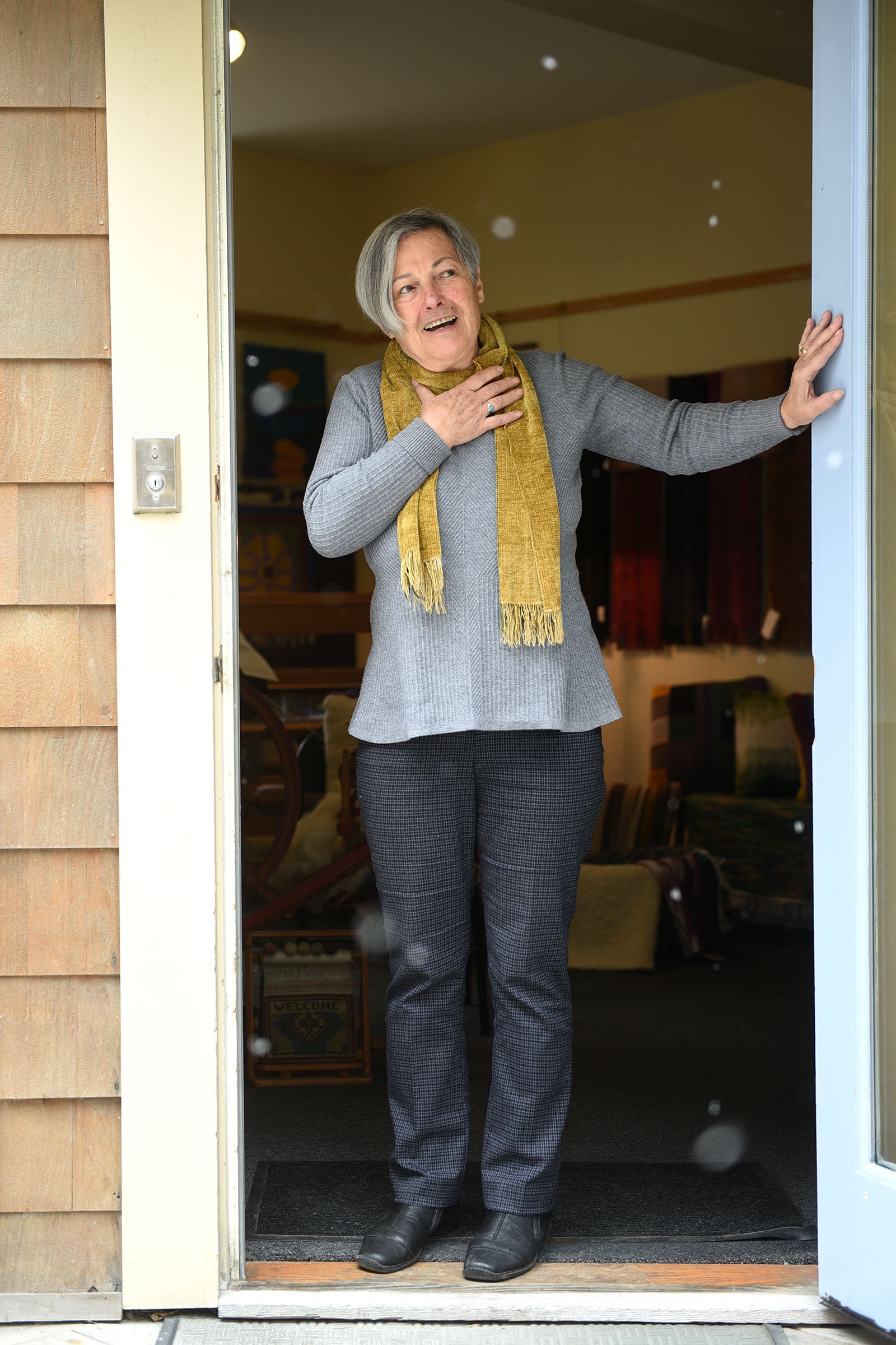 Vassie Sinopoulos uses recycled fabric in her work at her studio in Woodstock, Vt., on April 2, 2021. ( Valley News - Jennifer Hauck) Copyright Valley News. May not be reprinted or used online without permission. Send requests to permission@vnews.com.