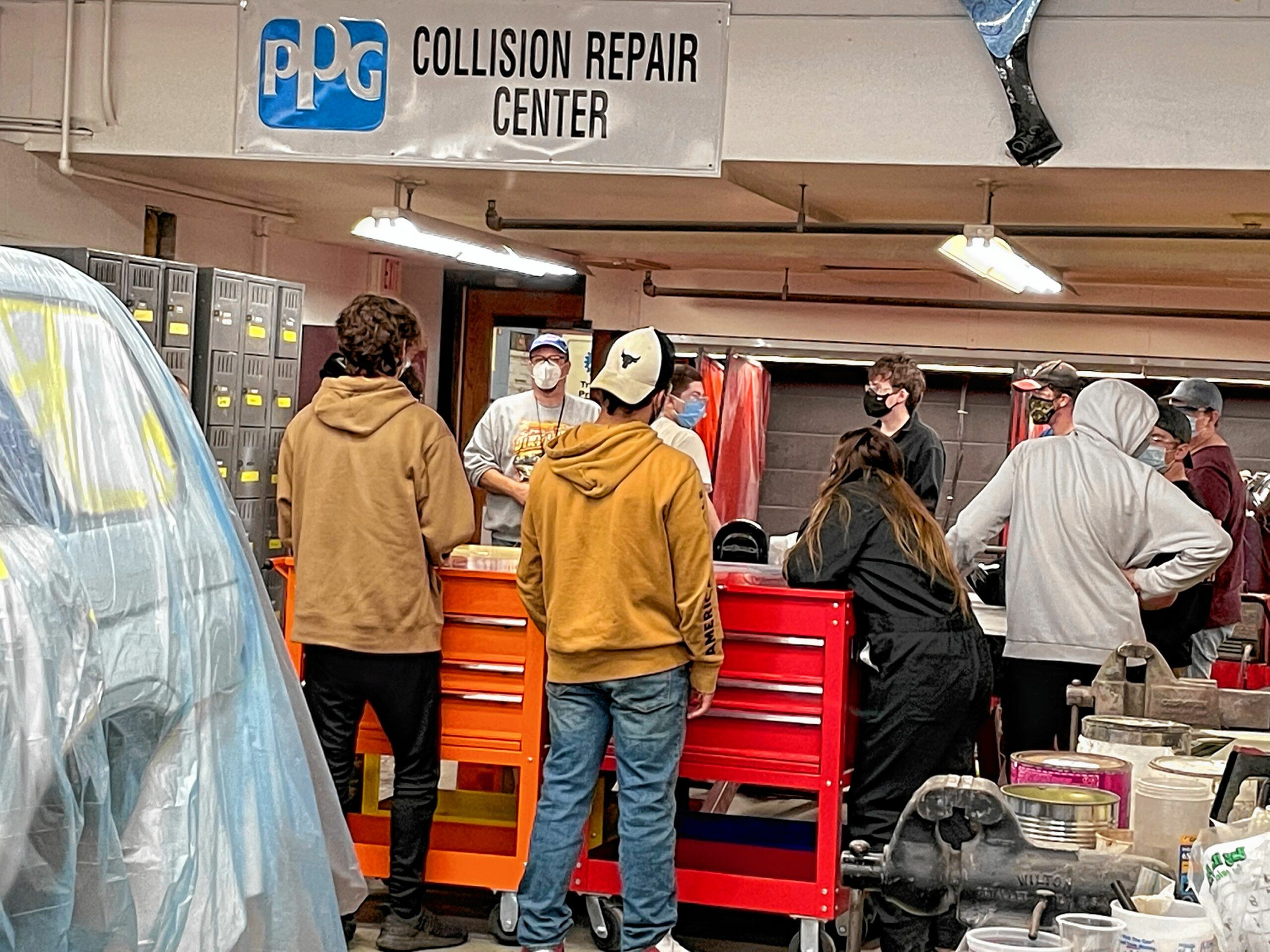 Shawn Cassidy leads a collision repair class at Hartford Area Career and Technology Center in White River Junction. (Tracy Hutchins photograph)