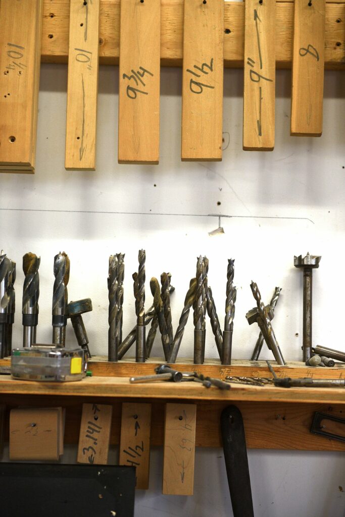 An assortment of drill bits line the wall at Charron Wood Products in Windsor, Vt., on Jan. 5, 2022. (Valley News - Jennifer Hauck) Copyright Valley News. May not be reprinted or used online without permission. Send requests to permission@vnews.com.
