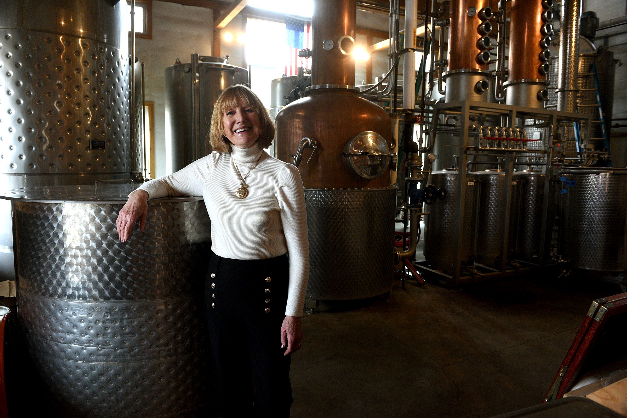 Anne Marie Delaney, co-owner of Silo Distillery, in the production room on Friday, March 31, 2023 in Windsor, Vt.  (Valley News - Jennifer Hauck) Copyright Valley News. May not be reprinted or used online without permission. Send requests to permission@vnews.com.